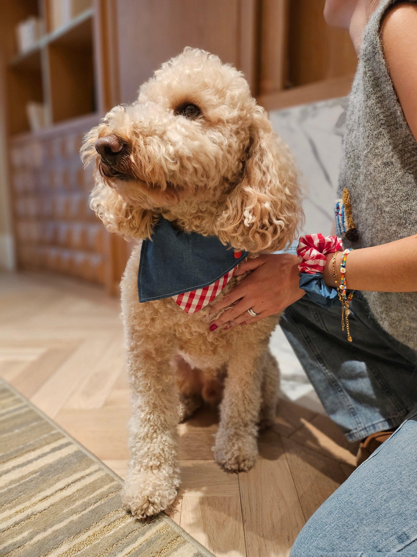 Park Day Denim Gingham Print Handmade Scrunchie detail view | Cutie Paw Co.
