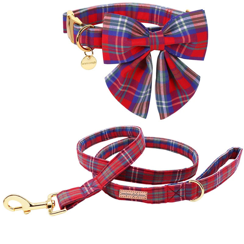 Tinsel Plaid Collar, Bow, and Leash