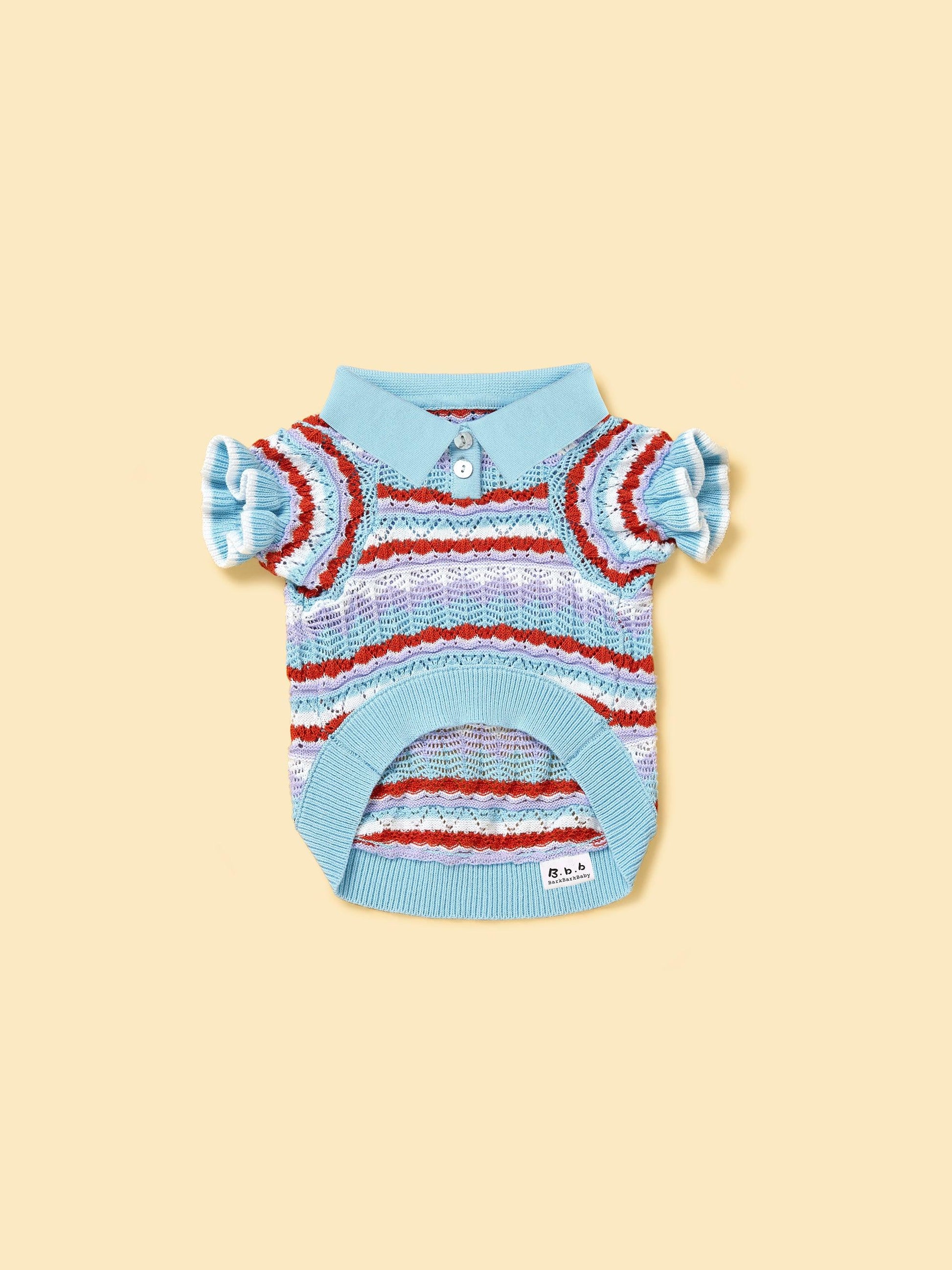 Pet & Me Spring Summer Ocean Blue Ruffle Crochet Short Sleeve Polo Shirt detail view | Cutie Paw Co.