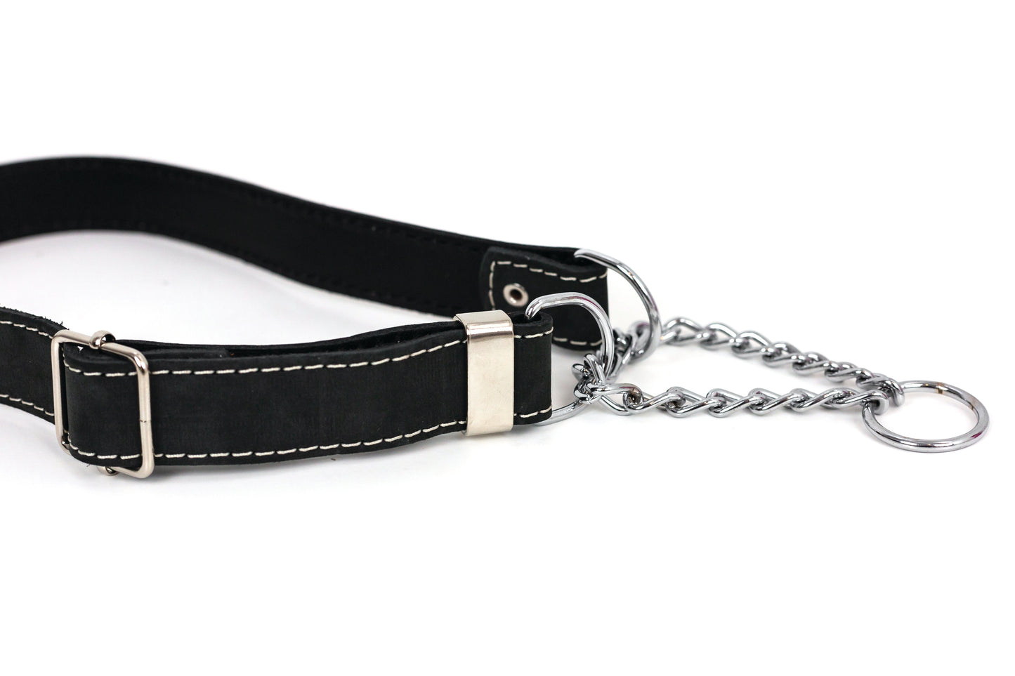 Martingale Midnight Black Leather Dog Collar on dog — dog collar close-up | Cutie Paw Co.