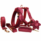 Red Wine Velvet Harness, Collar, and Leash Set