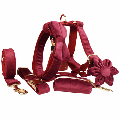 Red Wine Velvet Harness, Collar, and Leash Set