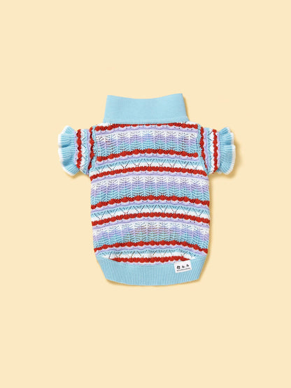 Pet & Me Spring Summer Ocean Blue Ruffle Crochet Short Sleeve Polo Shirt detail view | Cutie Paw Co.