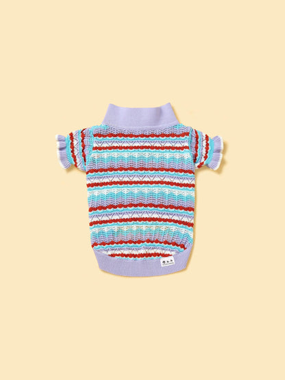 Pet & Me Spring Summer Lavender Ruffle Crochet Short Sleeve Polo Shirt detail view | Cutie Paw Co.