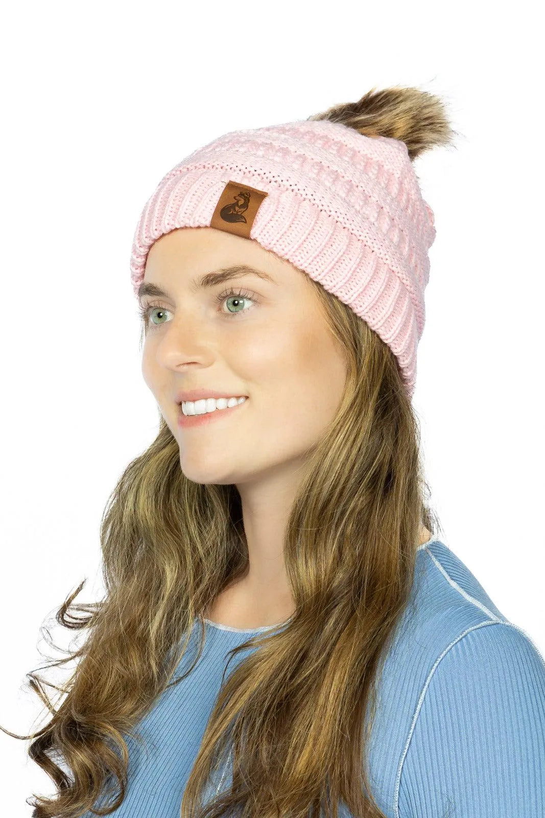 Dianthus Pink Ribbed Beanie with Pom detail view | Cutie Paw Co.