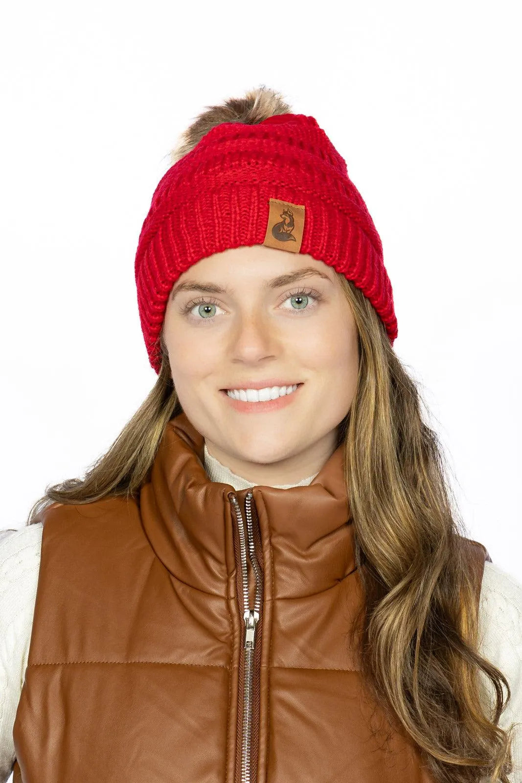 Scarlet Ribbed Beanie with Pom on dog — pet accessory close-up | Cutie Paw Co.