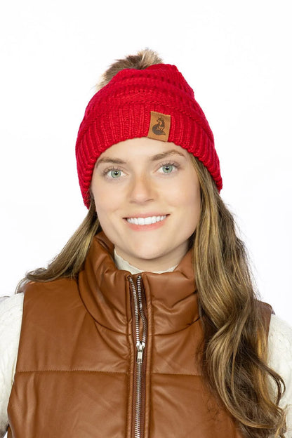Scarlet Ribbed Beanie with Pom on dog — pet accessory close-up | Cutie Paw Co.
