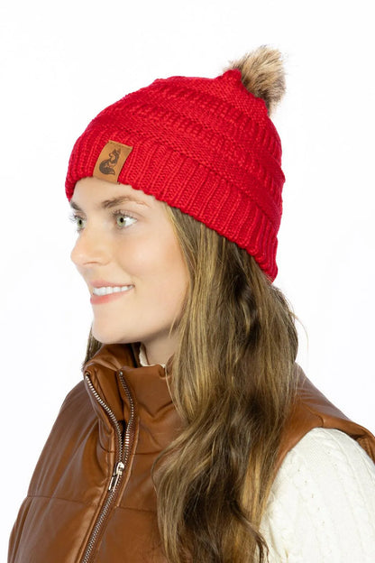 Scarlet Ribbed Beanie with Pom detail view | Cutie Paw Co.