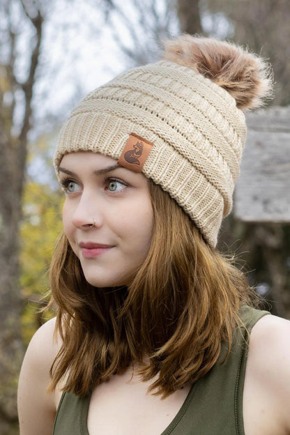 Biscotti Ribbed Knit Hat with Pom detail view | Cutie Paw Co.