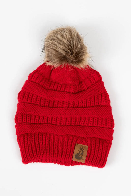 Scarlet Ribbed Beanie with Pom | Cutie Paw Co.