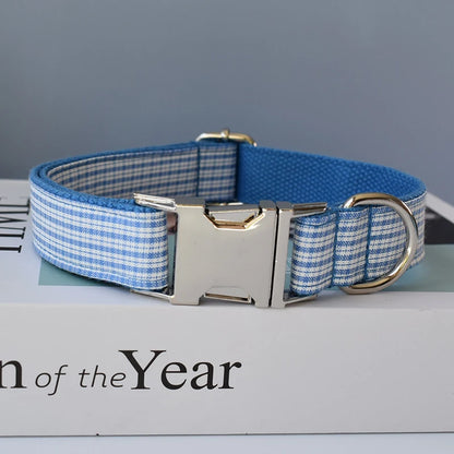 Blue Grid Dog Leash with Engraved ID Tag