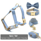 Light Blue Denim Dog Collar with Name Personalized Dog Collar and Leash Set for Small Medium Large Dogs Bowtie Dog Harness Girl
