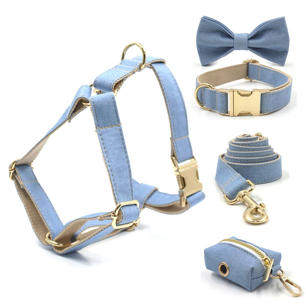 Light Blue Denim Collar, Leash & Harness Set
