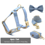 Light Blue Denim Dog Collar with Name Personalized Dog Collar and Leash Set for Small Medium Large Dogs Bowtie Dog Harness Girl