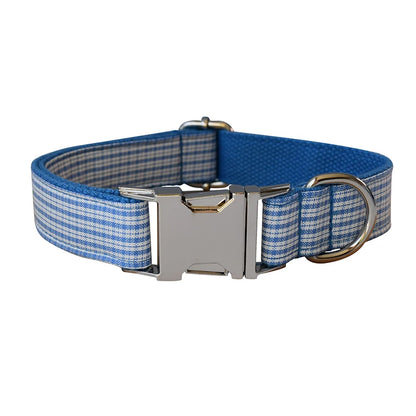 Blue Grid Dog Leash with Engraved ID Tag