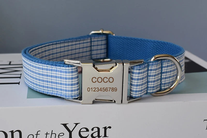 Blue Grid Dog Leash with Engraved ID Tag