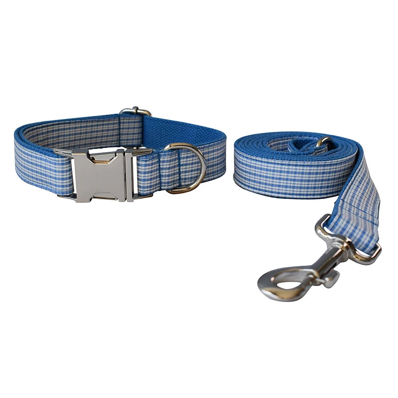 Blue Grid Dog Leash with Engraved ID Tag