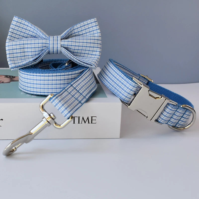 Blue Grid Dog Leash with Engraved ID Tag