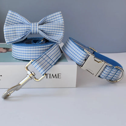 Blue Grid Dog Leash with Engraved ID Tag