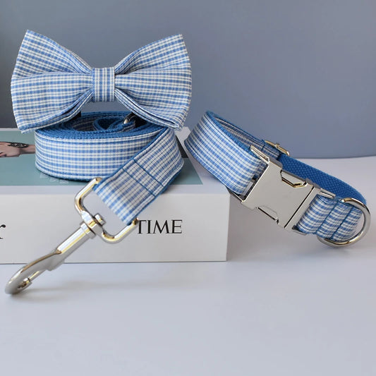 Blue Grid Dog Leash with Engraved ID Tag