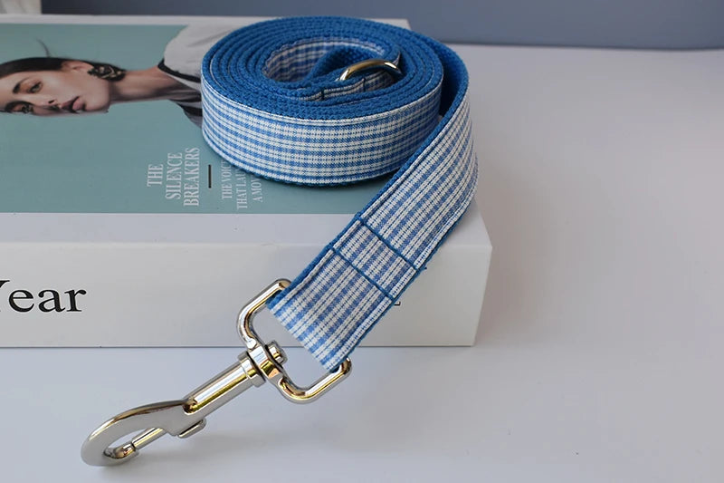 Blue Grid Dog Leash with Engraved ID Tag