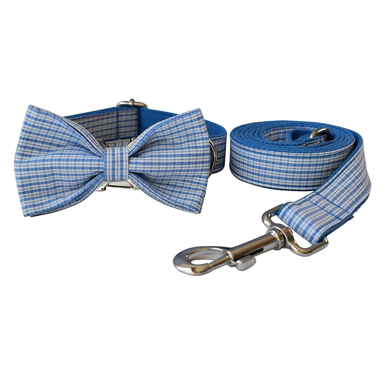 Blue Grid Dog Leash with Engraved ID Tag