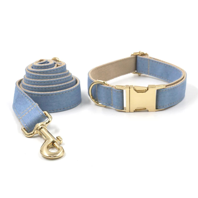 Light Blue Denim Dog Collar with Name Personalized Dog Collar and Leash Set for Small Medium Large Dogs Bowtie Dog Harness Girl