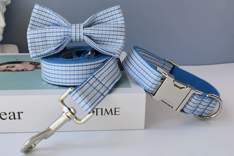 Blue Grid Dog Leash with Engraved ID Tag