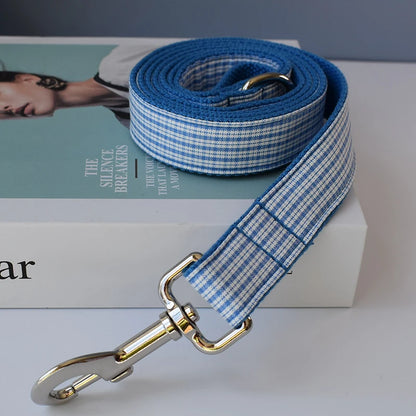 Blue Grid Dog Leash with Engraved ID Tag