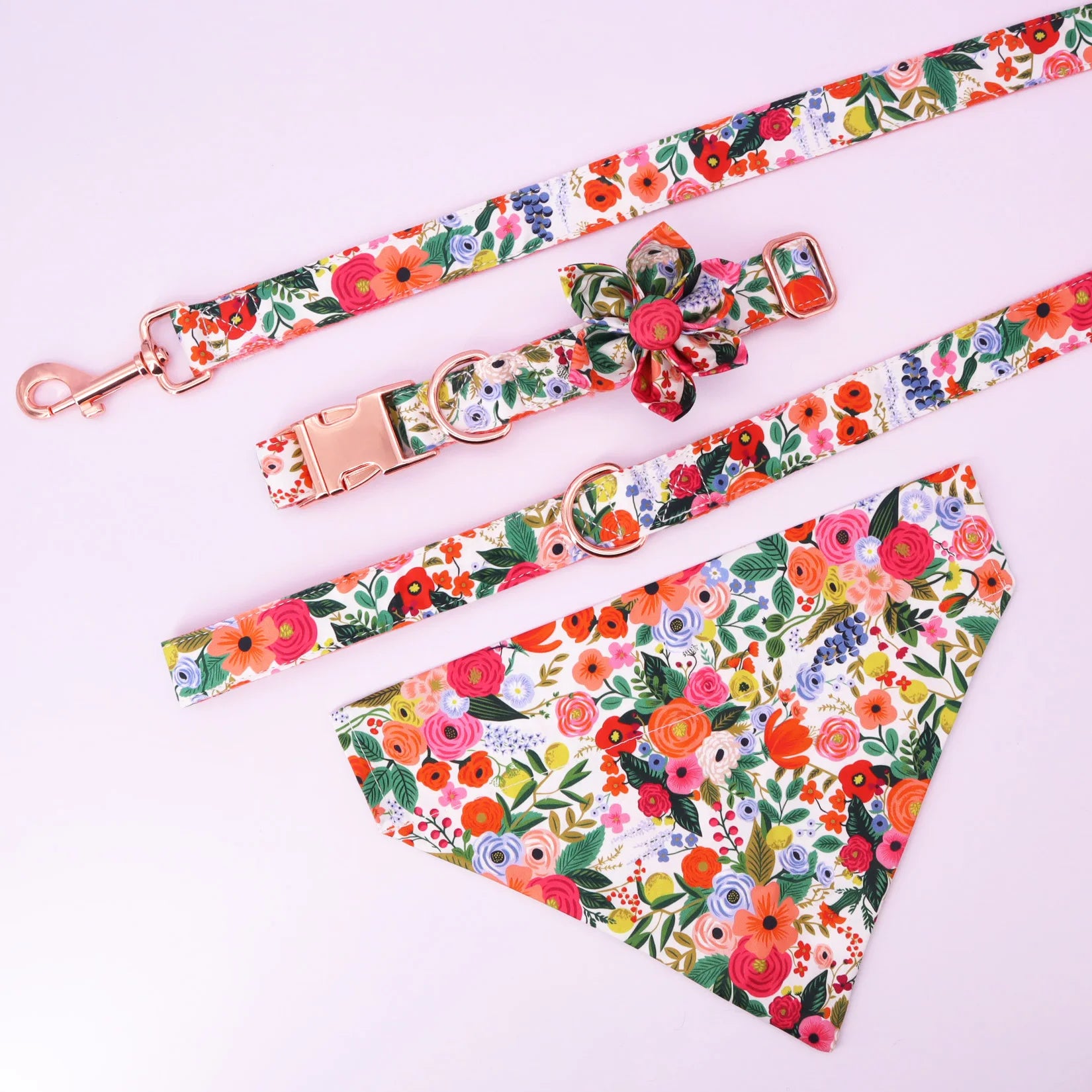 Classical Floral Dog Harness, Collar Flower Matching leash, Bandana, Shampoo Bag with Personalized Name, Telphone