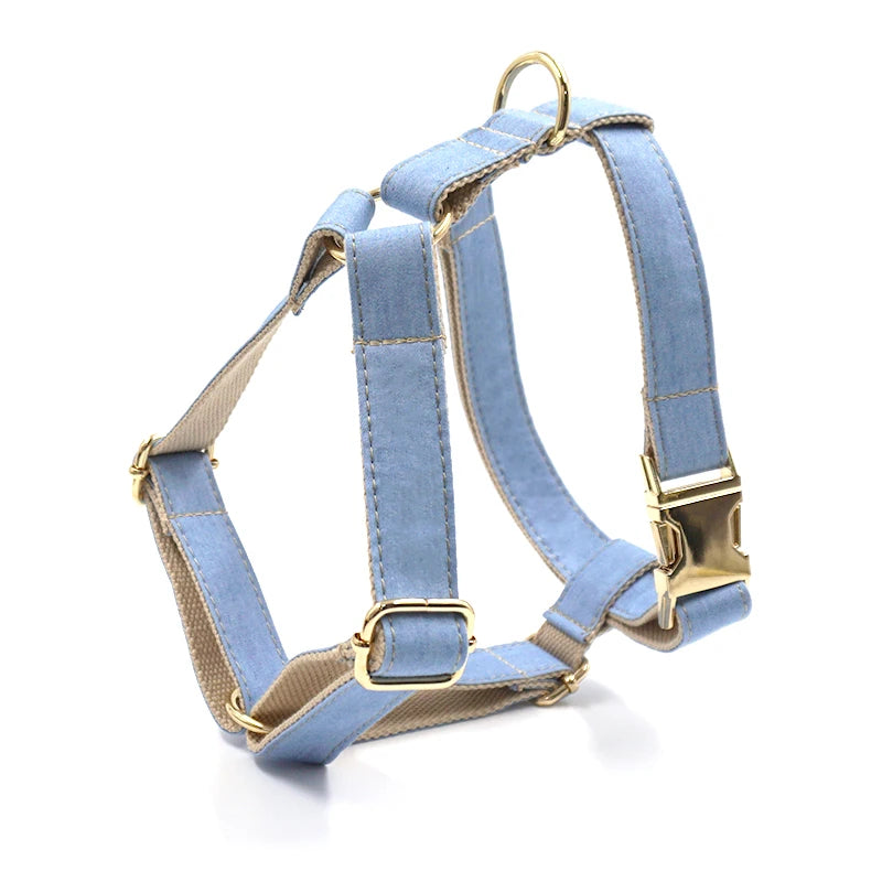 Light Blue Denim Dog Collar with Name Personalized Dog Collar and Leash Set for Small Medium Large Dogs Bowtie Dog Harness Girl