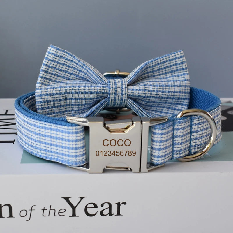 Blue Grid Christmas Dog Collar & Leash Set on dog — dog collar close-up | Cutie Paw Co.