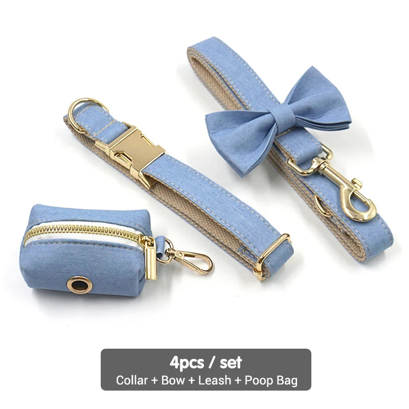 Light Blue Denim Collar, Leash & Harness Set