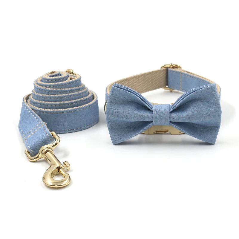 Light Blue Denim Dog Collar with Name Personalized Dog Collar and Leash Set for Small Medium Large Dogs Bowtie Dog Harness Girl