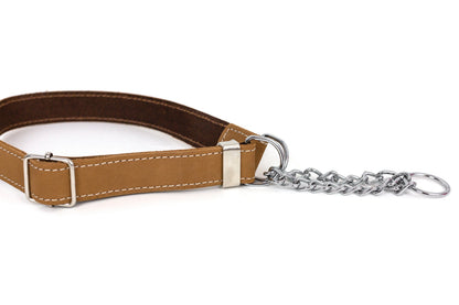 Martingale Khaki Leather Dog Collar on dog — dog collar close-up | Cutie Paw Co.