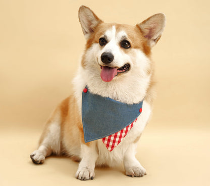 Park Day Denim Gingham Print Handmade Bandana on dog — dog bandana close-up | Cutie Paw Co.