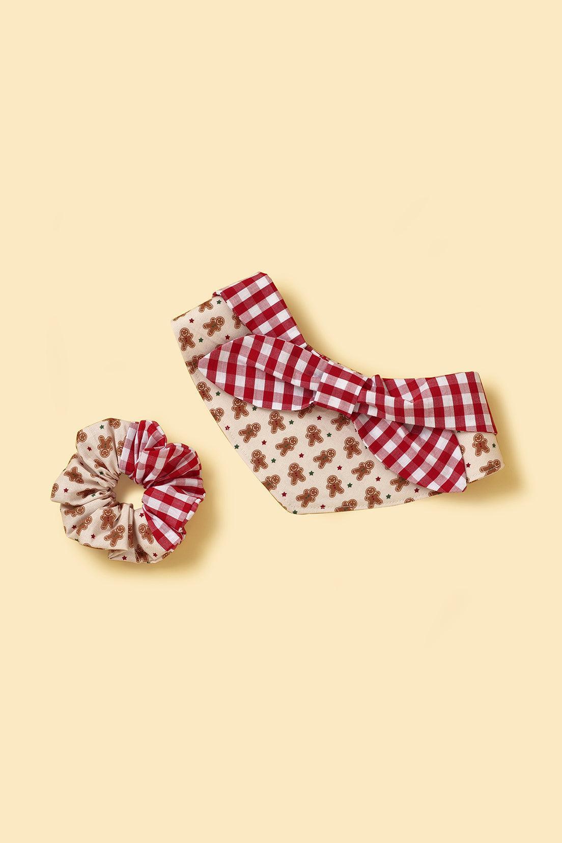 Christmas Morning Gingerbread Man Gingham Print Handmade Scrunchie on dog — pet accessory close-up | Cutie Paw Co.