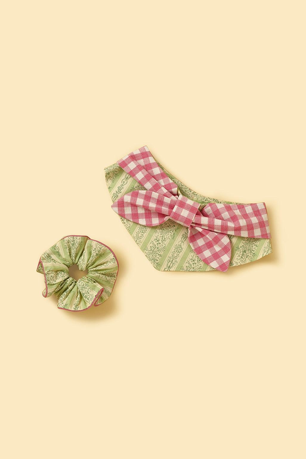 Picnic Bliss Floral Gingham Print  Handmade Scrunchie on dog — pet accessory close-up | Cutie Paw Co.