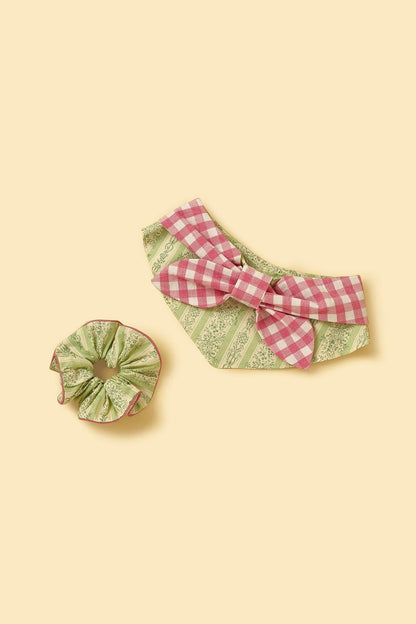 Picnic Bliss Floral Gingham Print  Handmade Scrunchie on dog — pet accessory close-up | Cutie Paw Co.