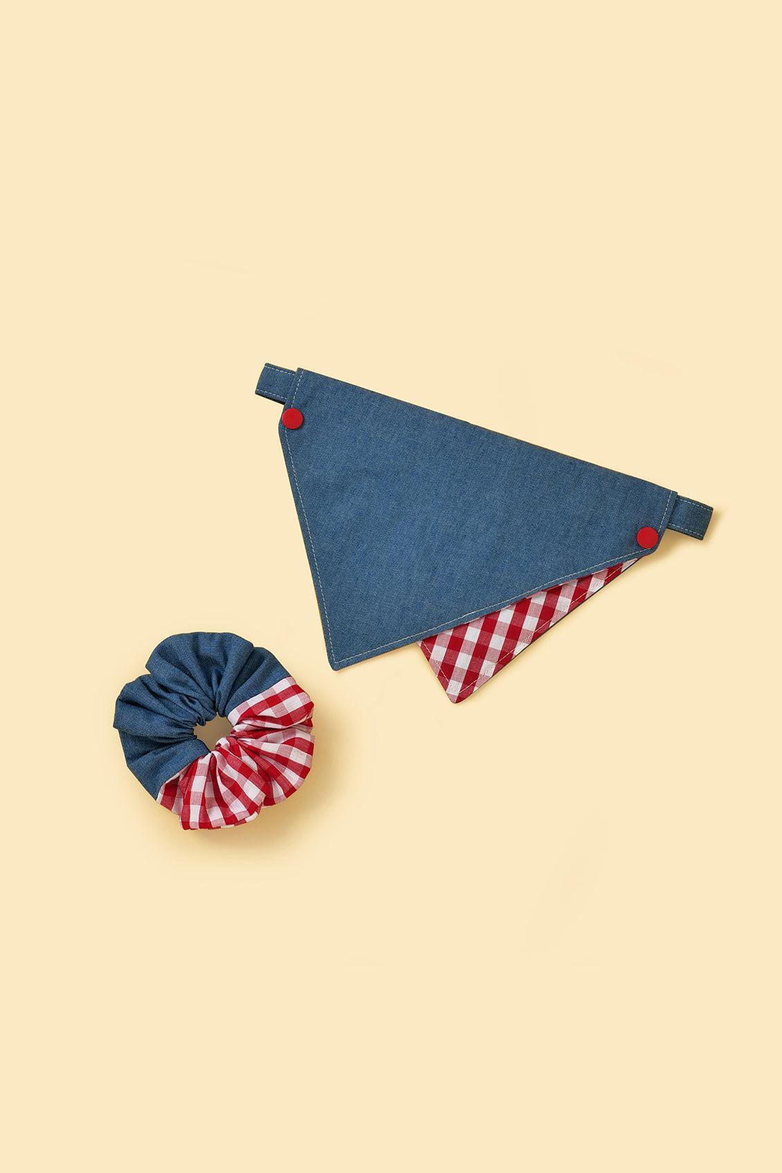 Park Day Denim Gingham Print Handmade Scrunchie on dog — pet accessory close-up | Cutie Paw Co.