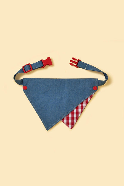 Park Day Denim Gingham Print Handmade Bandana detail view | Cutie Paw Co.