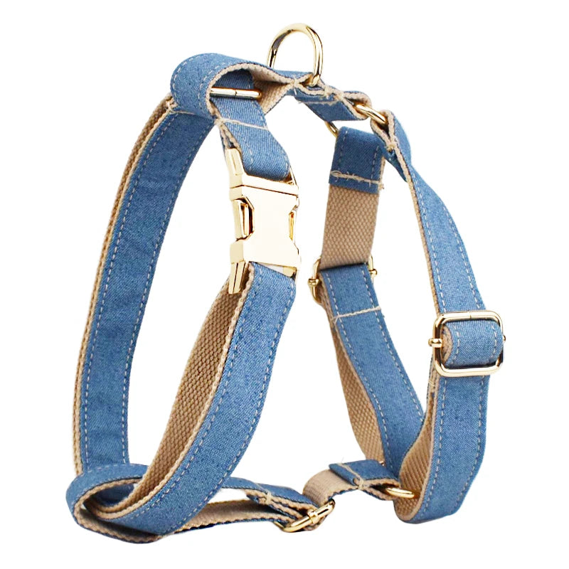 High Quality Pet Accessories Customized Designer Bare bottom denim Dog Collar Leashes Printing Dog Harness