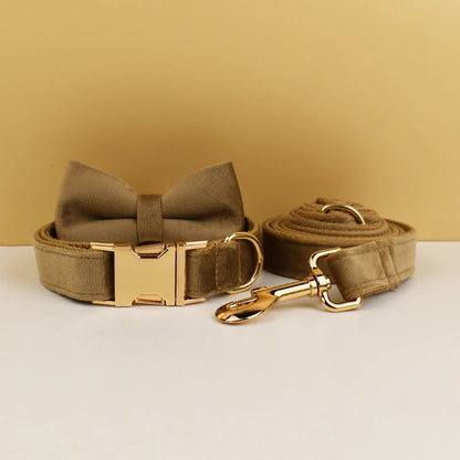 Khaki Velvet Dog Collar & Leash Set