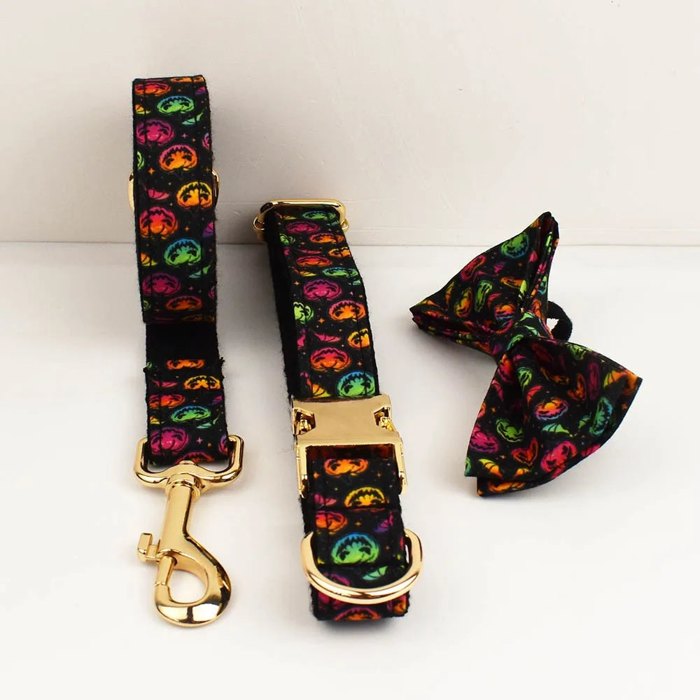 New Halloween Colorful Pumpkin Pet Dog Collar Adjustable Harness Neck Ring Bowknot Engravable Set for Small and Medium Dogs