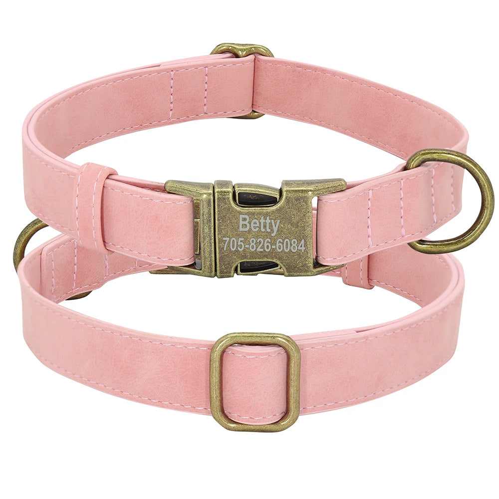 PU Leather Dog Collar with Engraved ID Tag