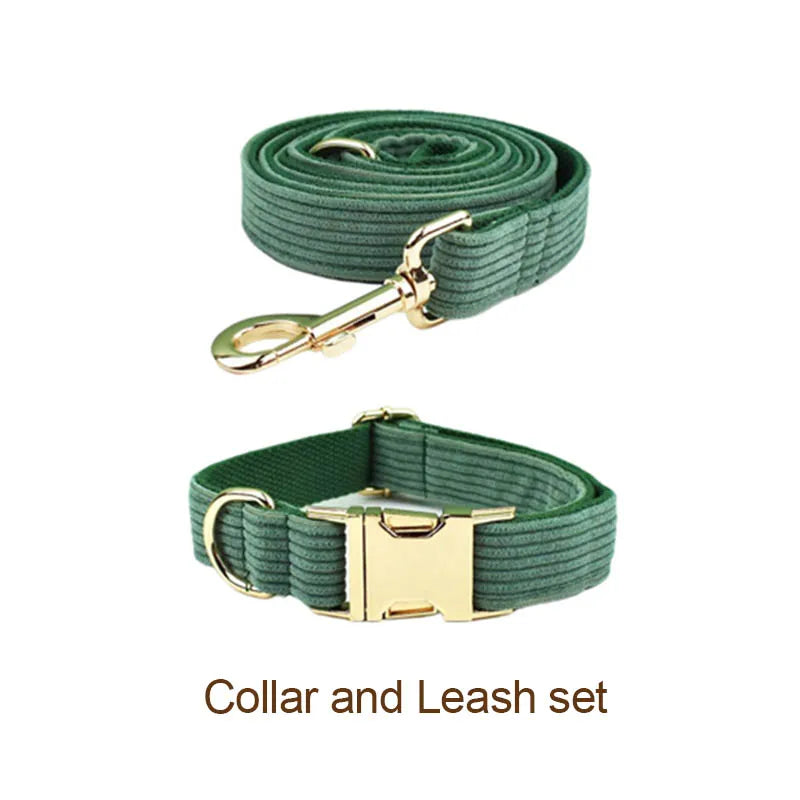 Dark Green Corduroy Dog Collar And Leash Set For Dogs Custom Engraved Nameplate Pet Supplies Dog Leash Corduroy04