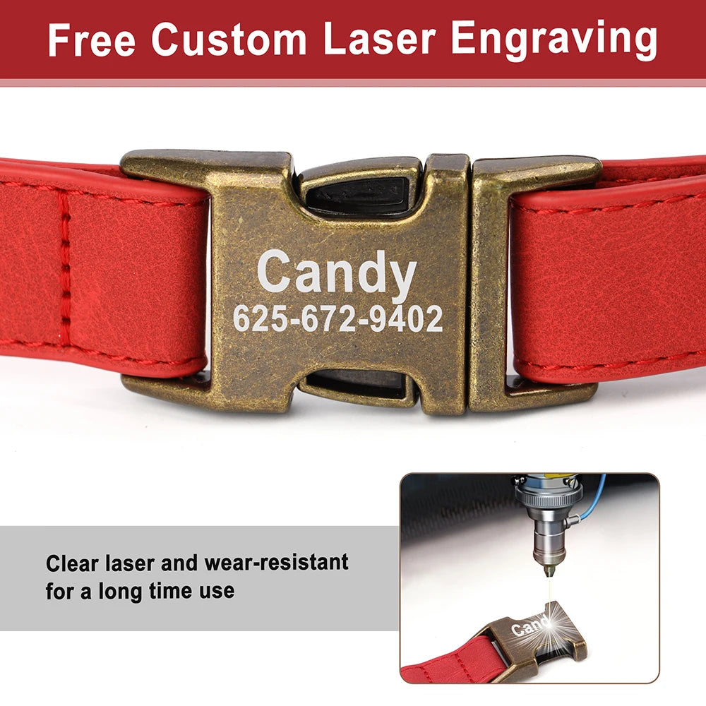 PU Leather Dog Collar with Engraved ID Tag