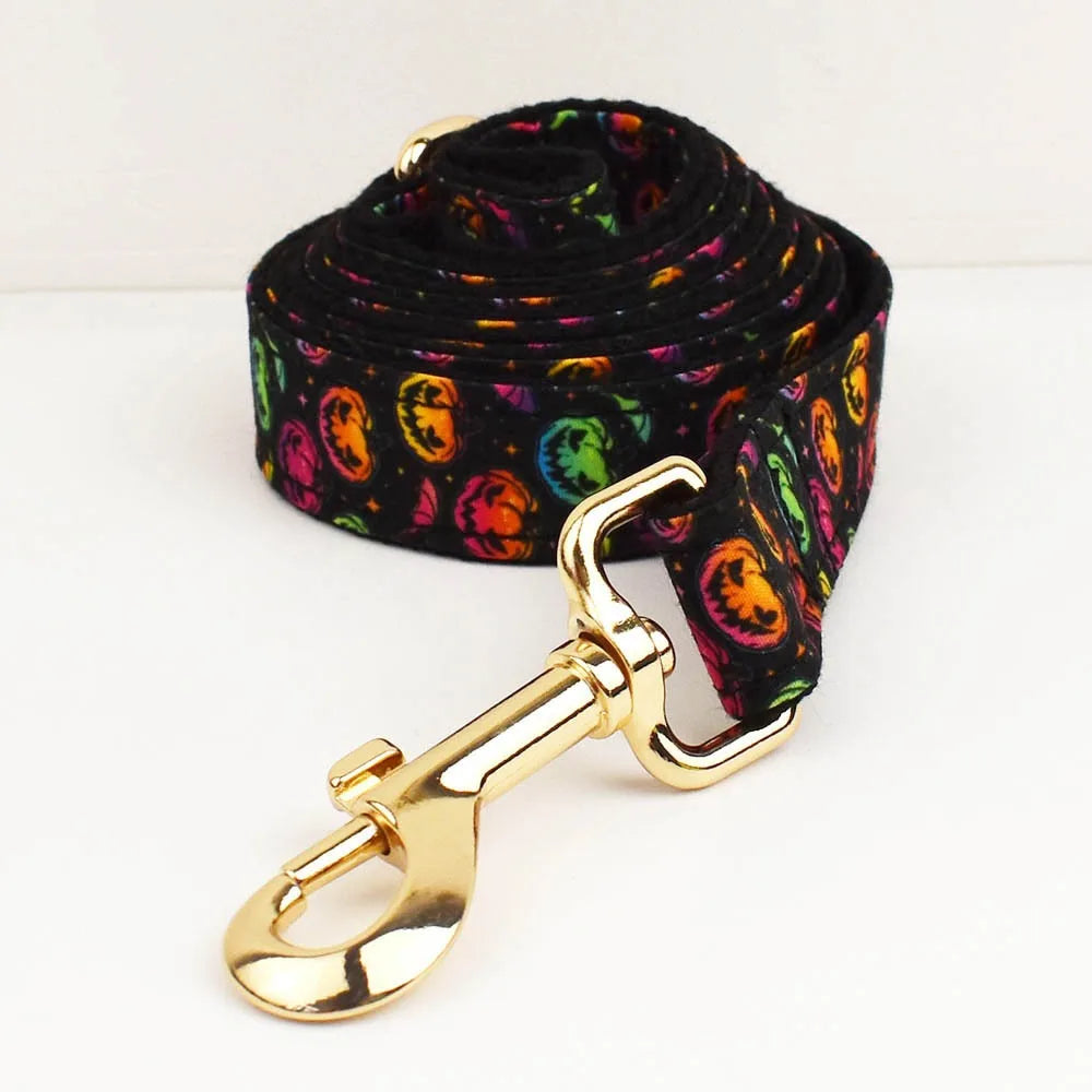 New Halloween Colorful Pumpkin Pet Dog Collar Adjustable Harness Neck Ring Bowknot Engravable Set for Small and Medium Dogs