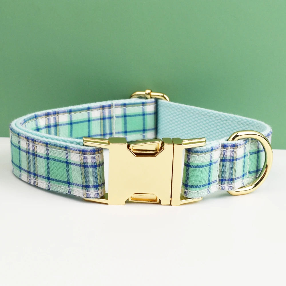 Water Green Plaid Dog Collar, Leash, and Harness Set