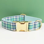 Lake Water Green Plaid Dog Collar And Dog Leash and Harness with Custom Engraved Nameplate Personalized Pet Supplies for Dogs
